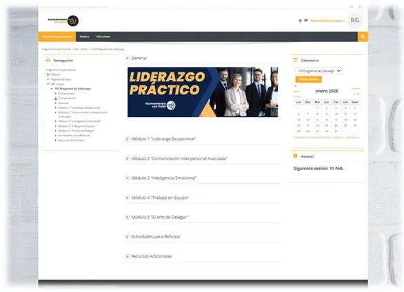 Foto de la plataforma virtual educativa de Econvalor donde se llevan a cabo sus cursos y programas de liderazgo