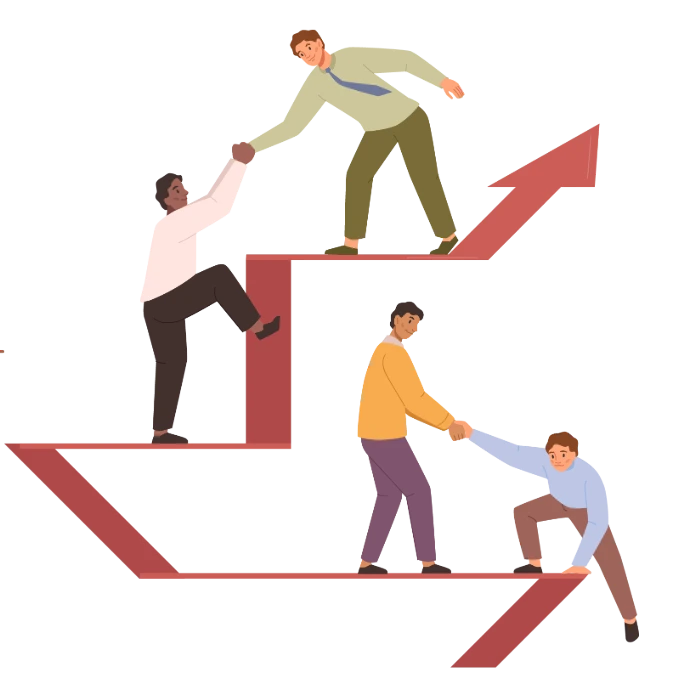 Ilustración de un líder guiando a sus compañeros que piensan en cómo saber si tu equipo necesita capacitación en liderazgo