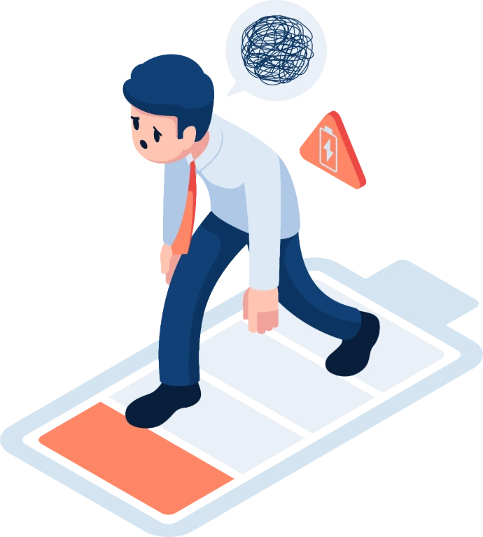 Ilustración de un hombre agotado de trabajo que sabe cuánto le cuesta a tu empresa NO capacitar a su equipo